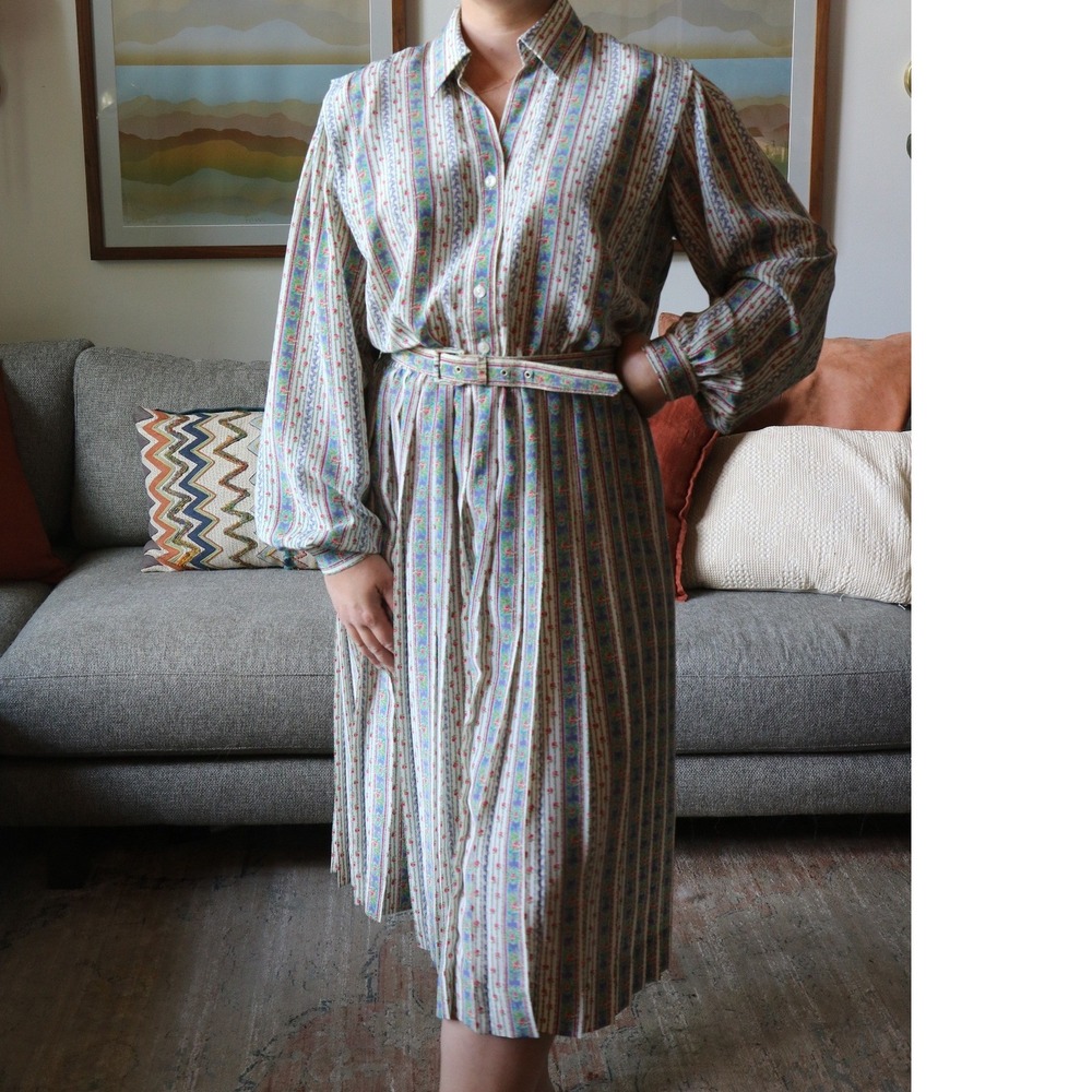 Vintage 1980s Schrader Calico Floral Striped Pleated Midi Shirt Dress Belted 10